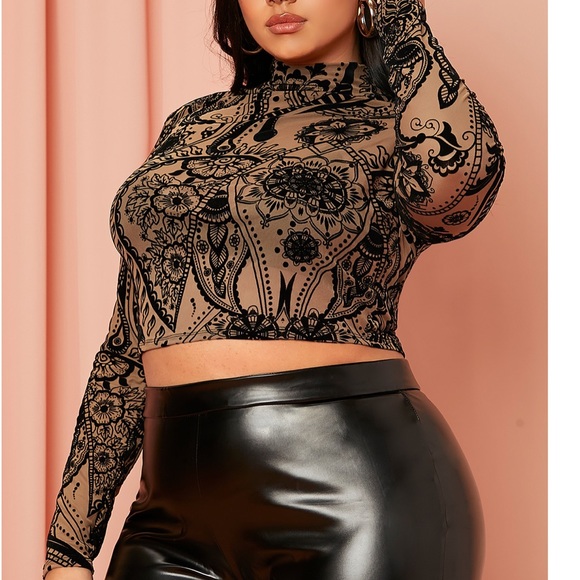 New- Mesh Top Floral Print Mock Neck - Picture 4 of 5